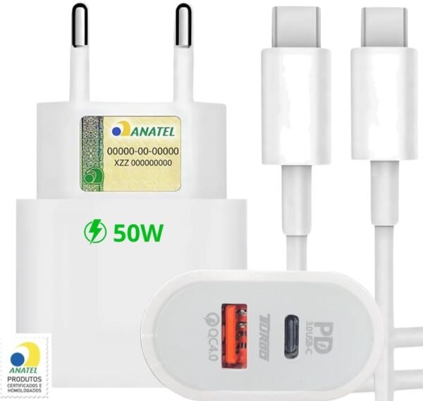 Carregador Turbo 50W + Cabo Tipo C, 2 Entradas USB e USBC, Carrega 2 Dispositivos, Turbo – Fonte e Cabo 50W, i.Phone 15, 16, 17, Galaxy, S.amsung, X.iaiomi, Android, Tecnologia Power Delivery
