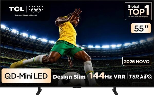 TCL PREMIUM 4K QD-Mini LED TV 55″ A400M Google TV, 144 Hz VRR, Tela HVA, Processador AIPQ Pro